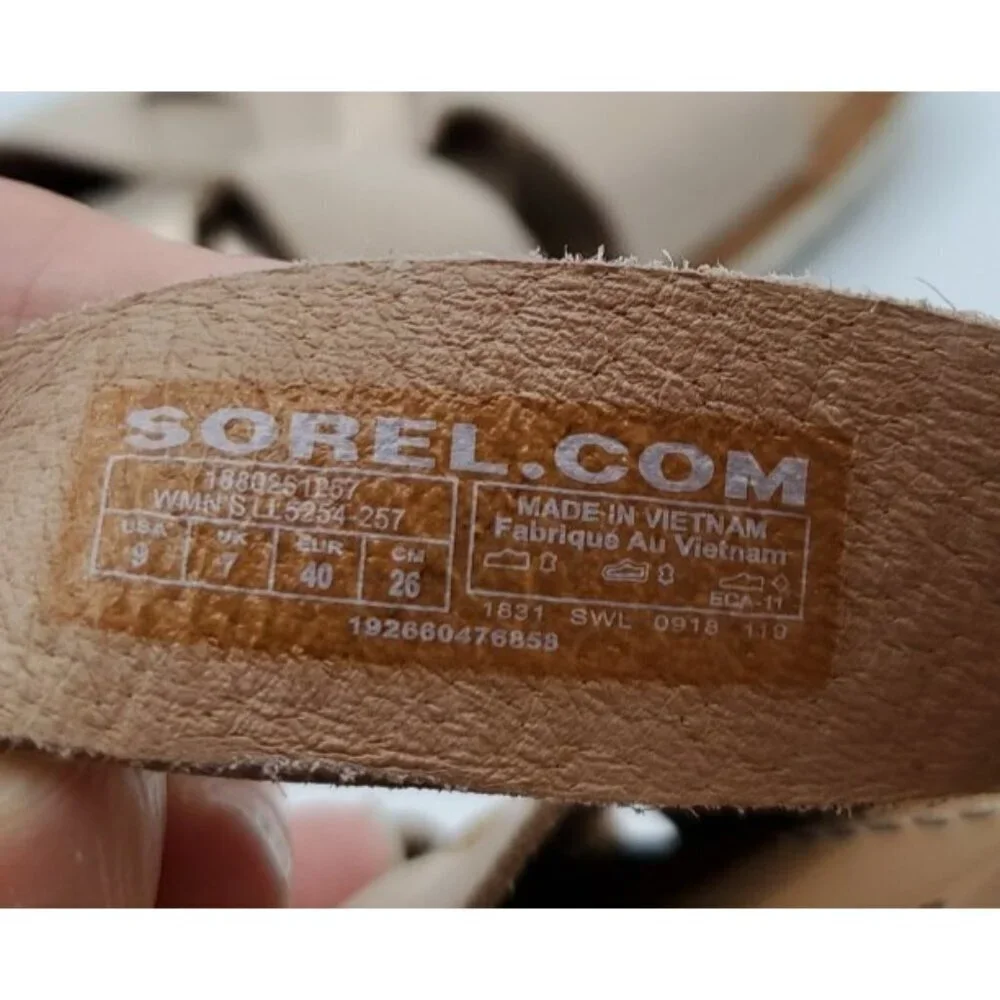 Sorel Ella Women Slide Natural Tan Gold Leather Sz 9 Strappy Criss Cross Straps